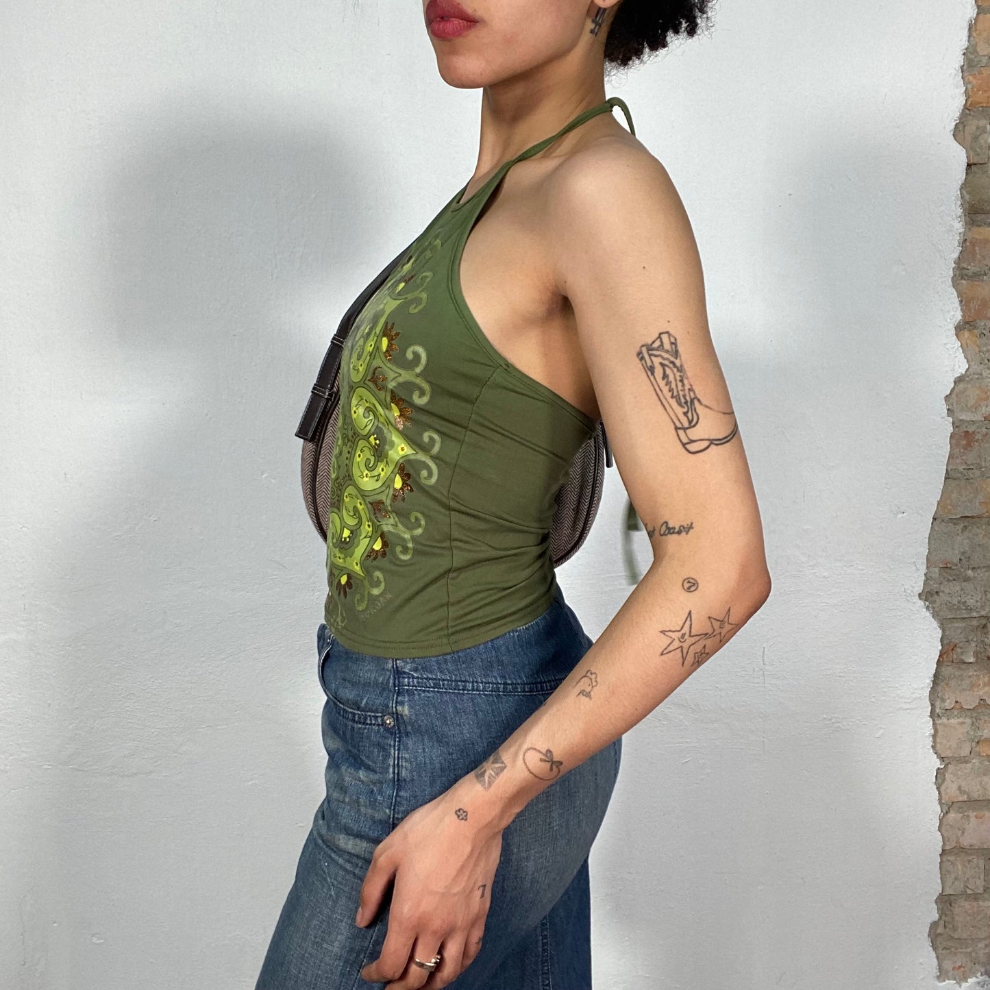 Vintage 90's Indie Green High Halter Neck Top with Mandala Print (S)