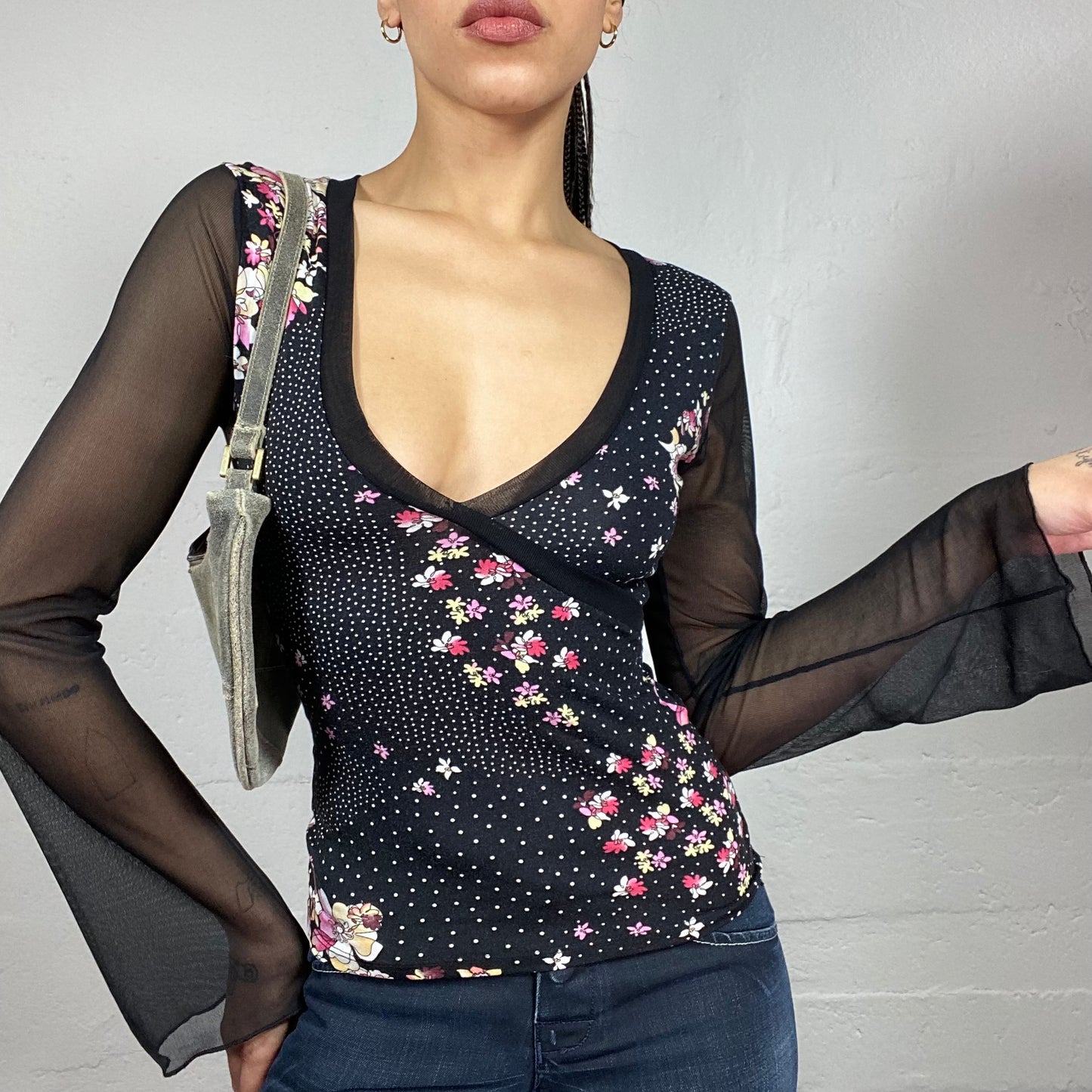 Vintage 2000's Soft Girl Black Mesh Angel Longsleeve Top with Pink Floral Print (S)