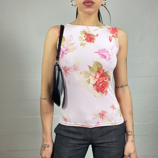Vintage 2000's Soft Girl Pink Top with Delicate Roses Print (M)