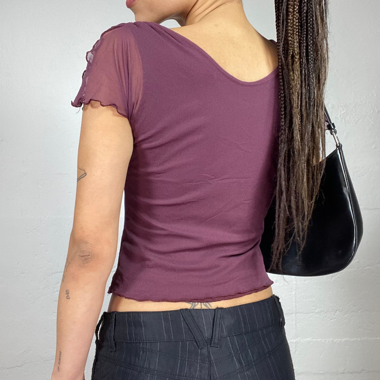 Vintage 90's Downtown Girl Deep Garnet Top with Frilled Mesh Sleeves Detail (S)