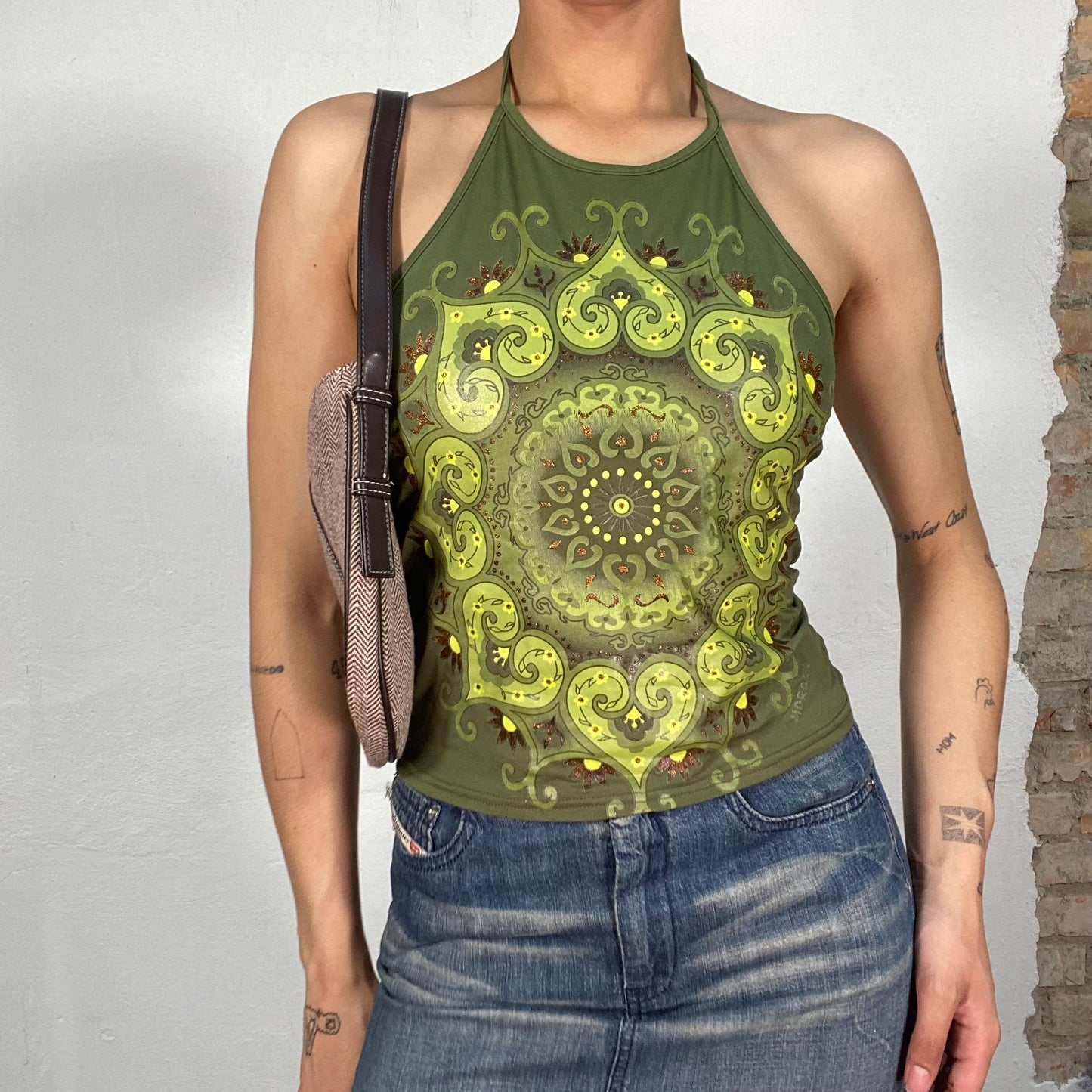 Vintage 90's Indie Green High Halter Neck Top with Mandala Print (S)