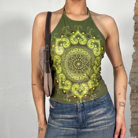 Vintage 90's Indie Green High Halter Neck Top with Mandala Print (S)