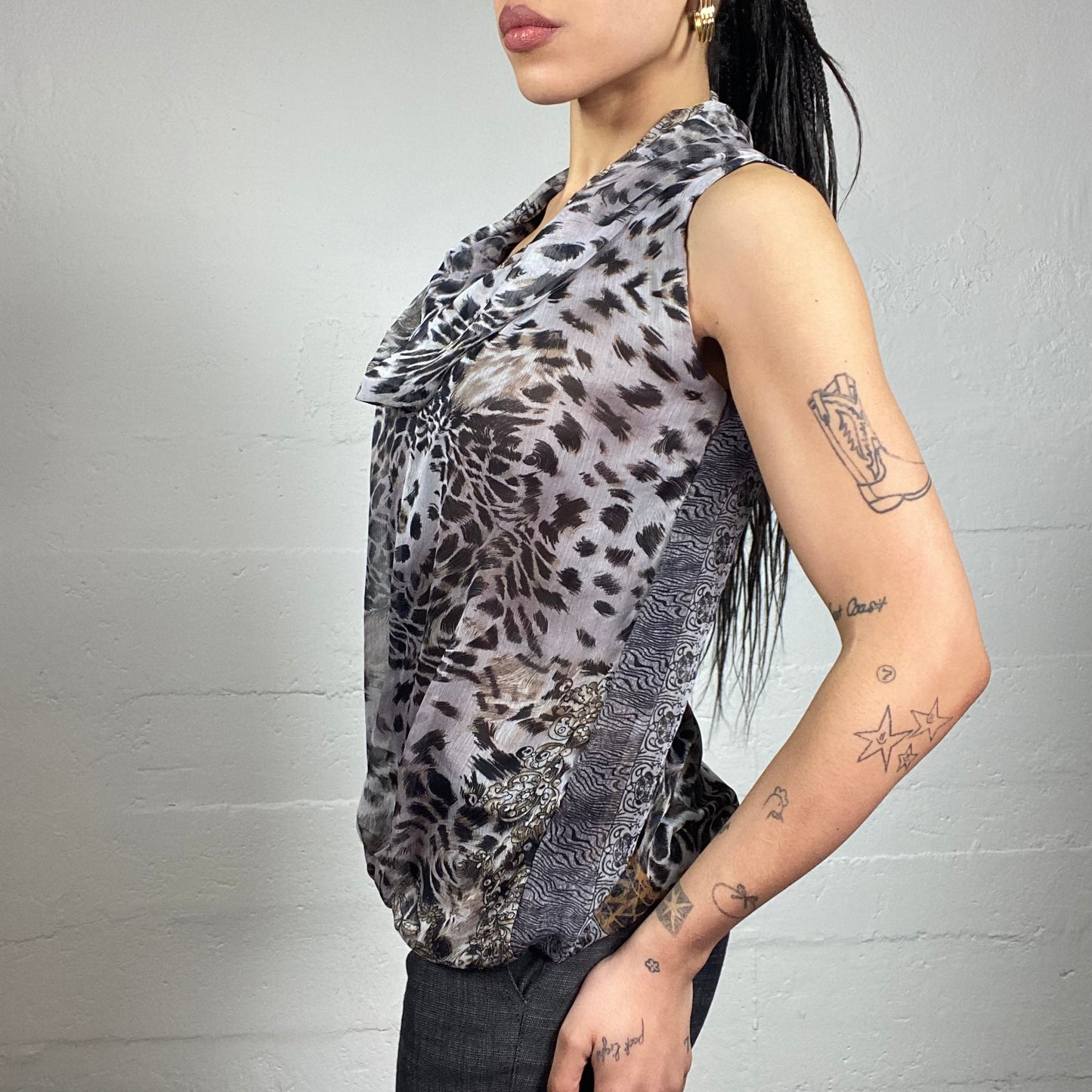 Vintage 2000's Mob Wife Grey Blouse Top with Cheetah Print and Drapped Neckline (M)