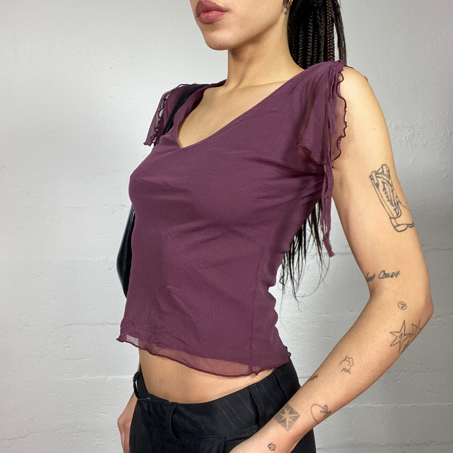 Vintage 90's Downtown Girl Deep Garnet Top with Frilled Mesh Sleeves Detail (S)