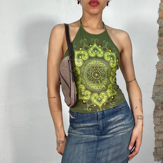 Vintage 90's Indie Green High Halter Neck Top with Mandala Print (S)