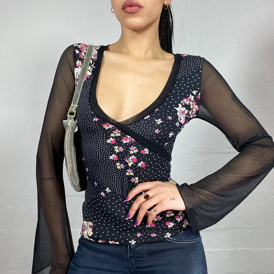 Vintage 2000's Soft Girl Black Mesh Angel Longsleeve Top with Pink Floral Print (S)