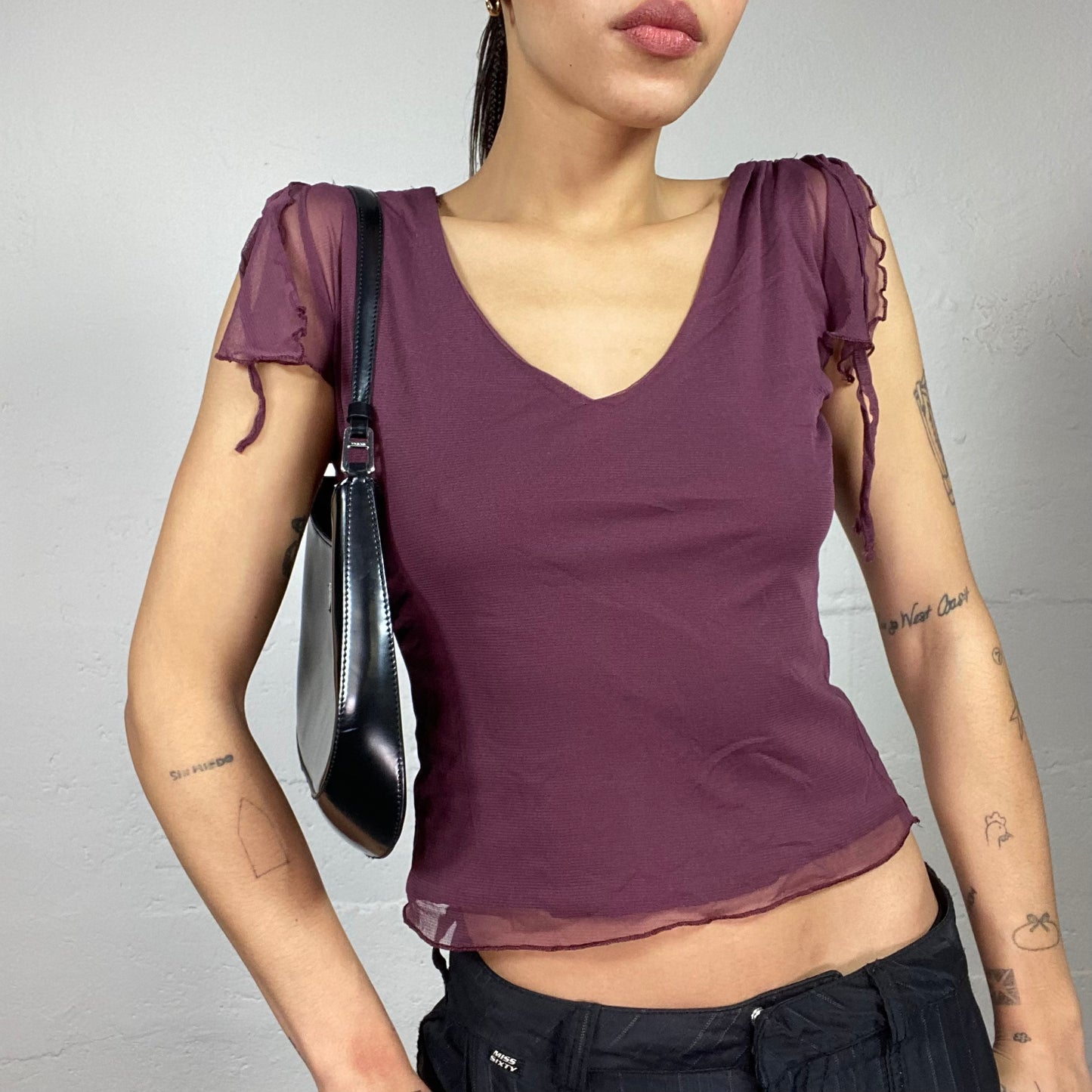 Vintage 90's Downtown Girl Deep Garnet Top with Frilled Mesh Sleeves Detail (S)