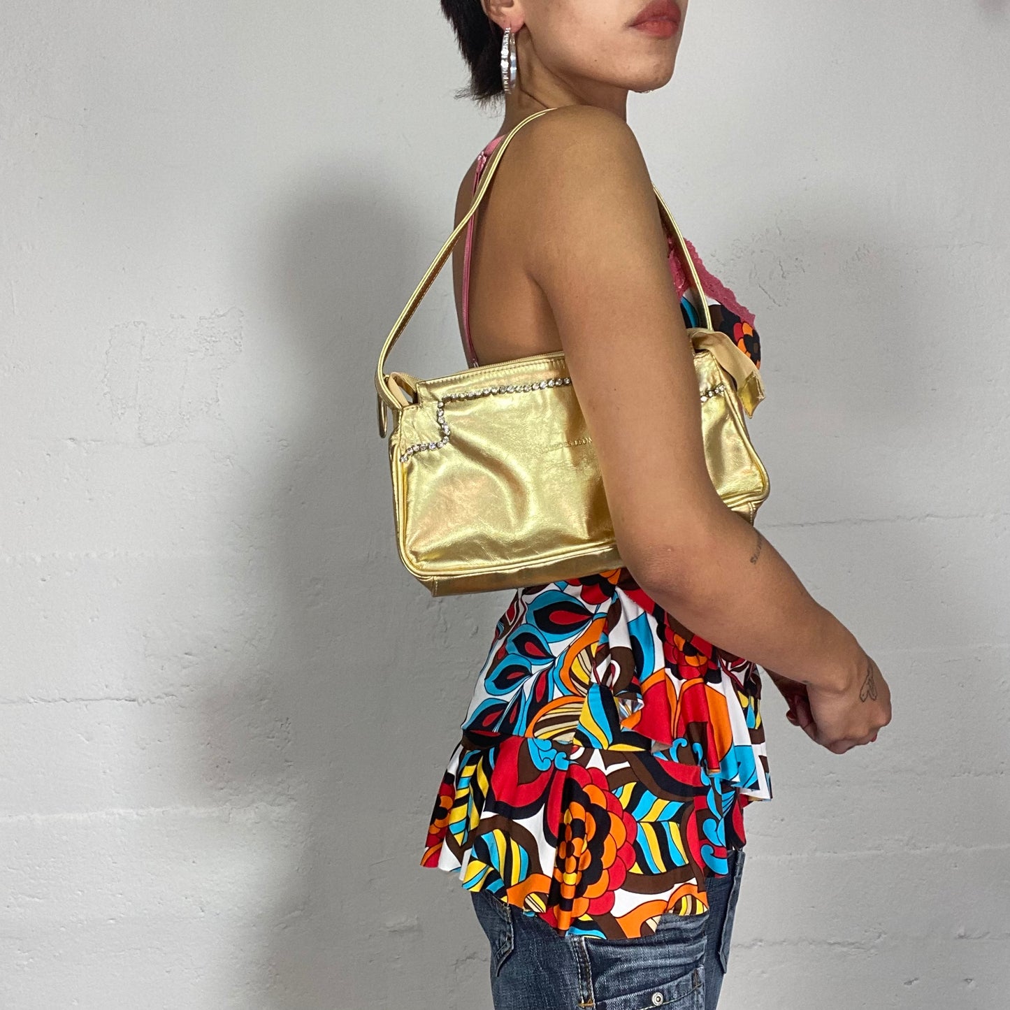 Vintage 2000's Lourdes Leon Gold Shoulder Bag with Rhinestones Trim Detail