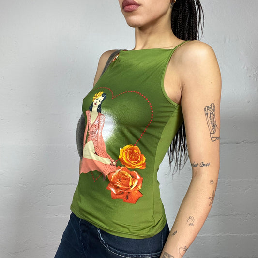 Vintage 2000's Indie Green Top with Pin Up Portrait Print (S)