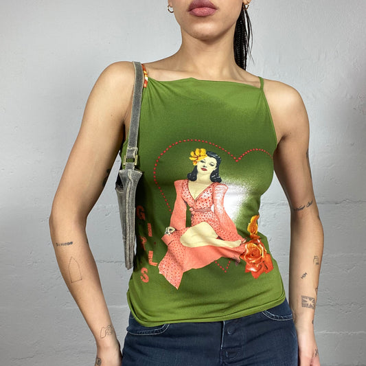 Vintage 2000's Indie Green Top with Pin Up Portrait Print (S)