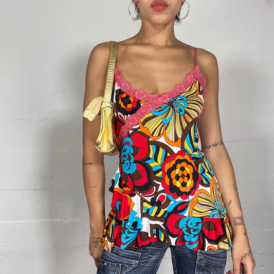Vintage 2000's Funky Multi Colored Asymmetrical Top with Maxi Flower Print and Lace Trim Detail (S)