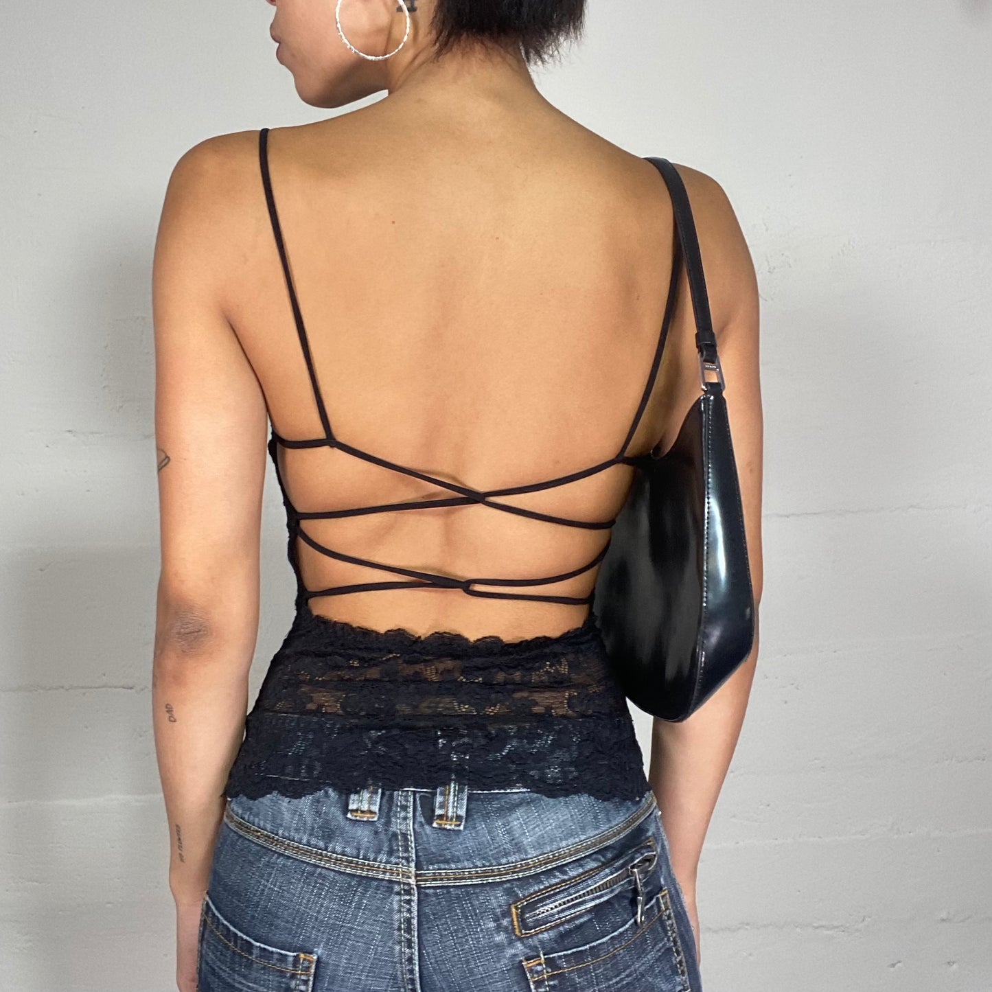 Vintage 2000's Clubwear Black Lace Top with Open Back Detail (S)