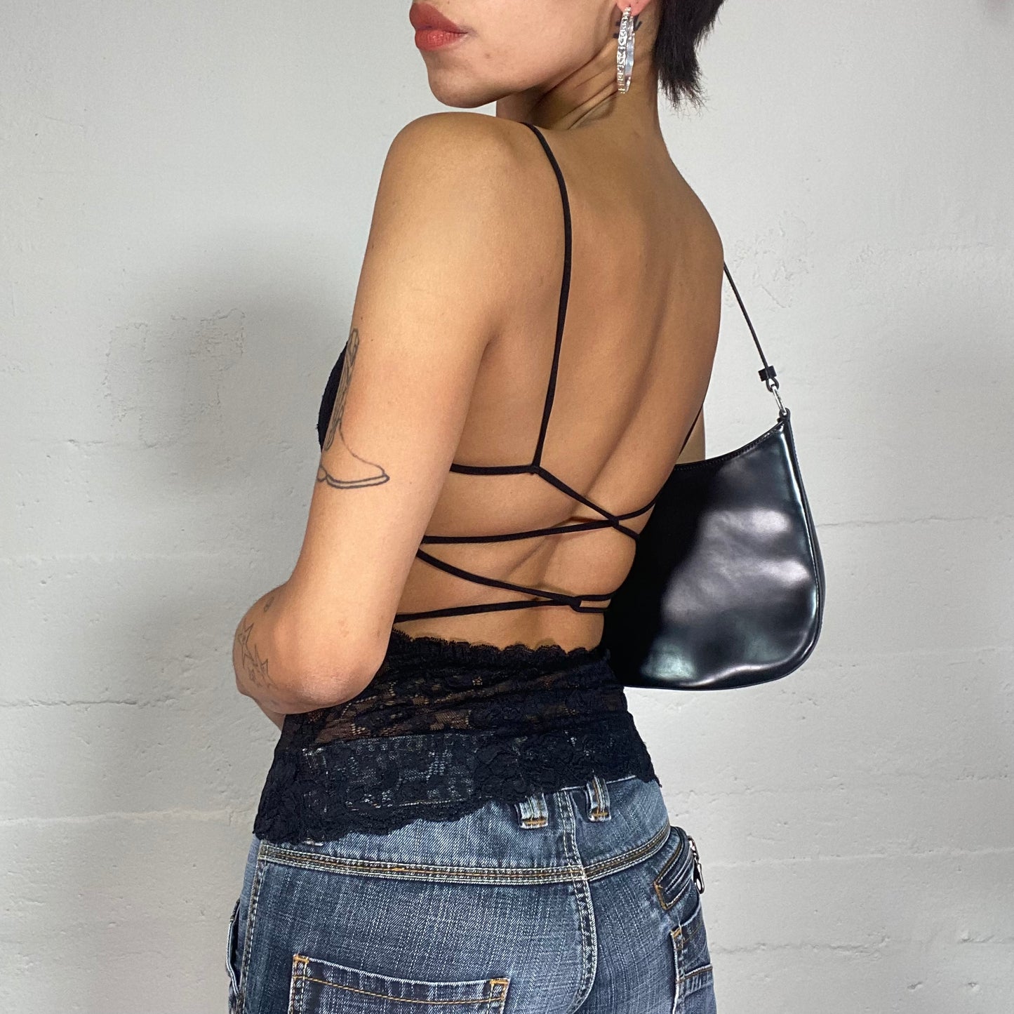 Vintage 2000's Clubwear Black Lace Top with Open Back Detail (S)
