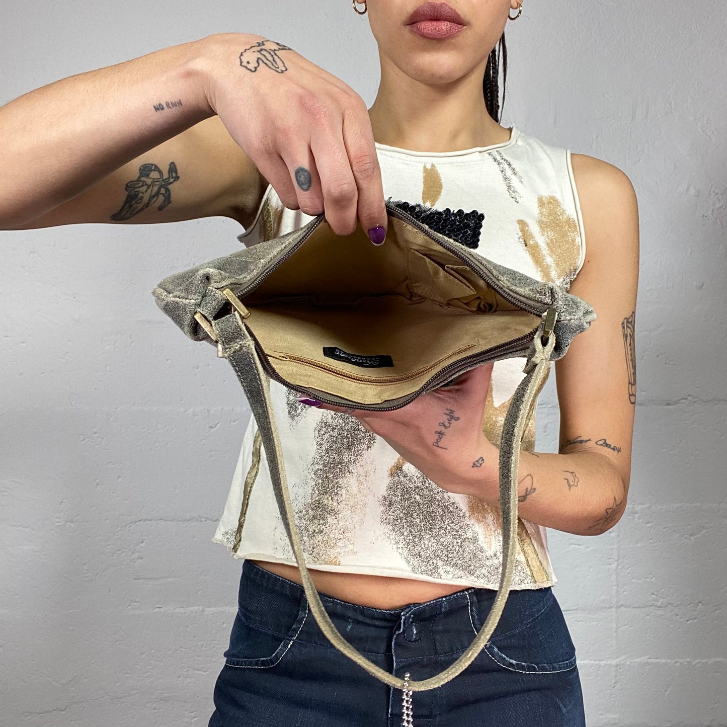 Vintage 2000's Archive Grey Saddle Shoulder Bag with Patched Washed Out Material Detail