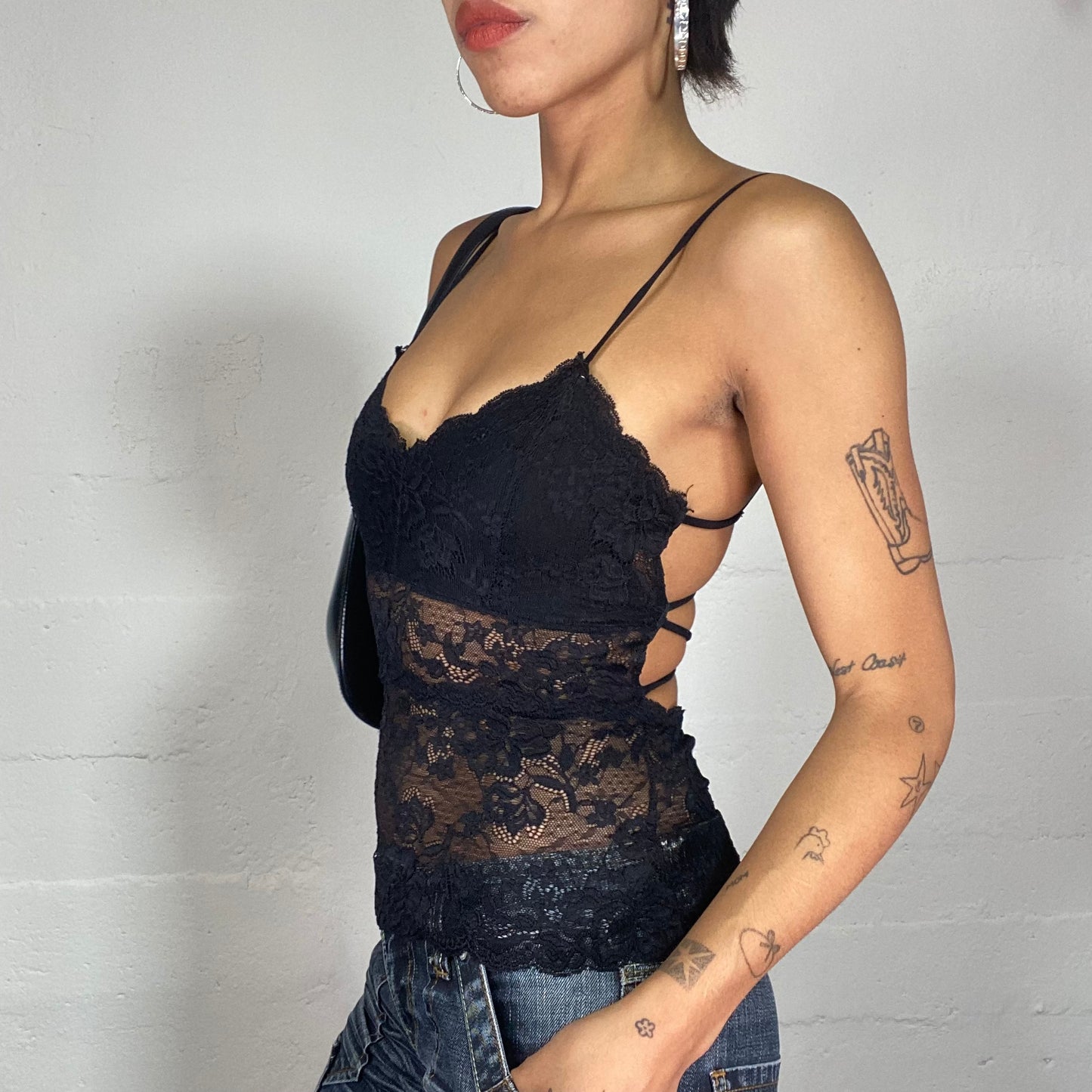 Vintage 2000's Clubwear Black Lace Top with Open Back Detail (S)