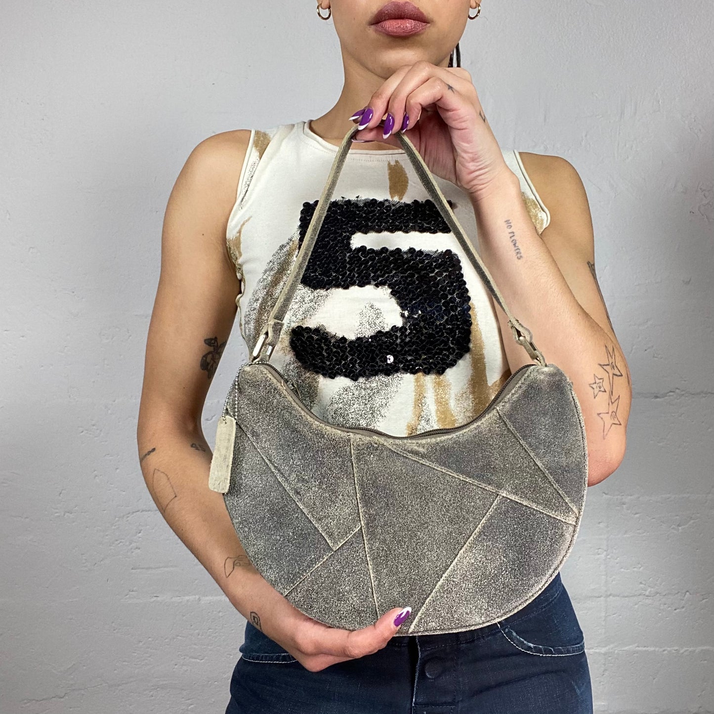 Vintage 2000's Archive Grey Saddle Shoulder Bag with Patched Washed Out Material Detail