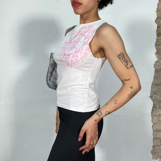 Vintage 90's Streetstyle White Tank Top with Postal Stamp and '6' Print (S)