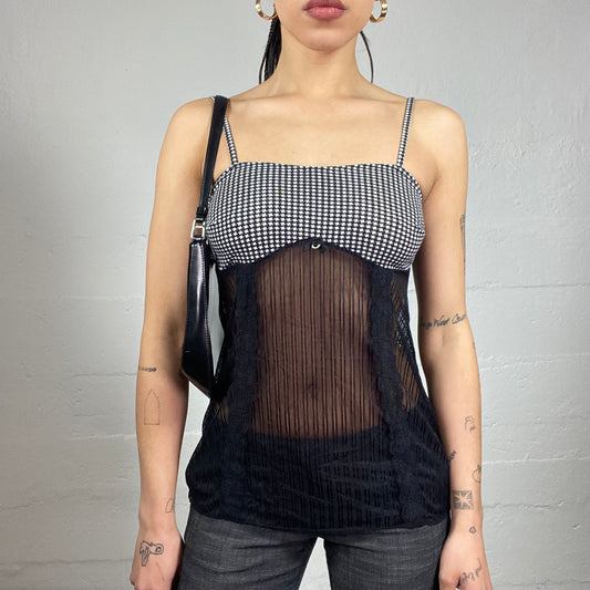 Vintage 90's Grunge Girl Black Checkered Corset Top with Belly Mesh Part Covering (S)