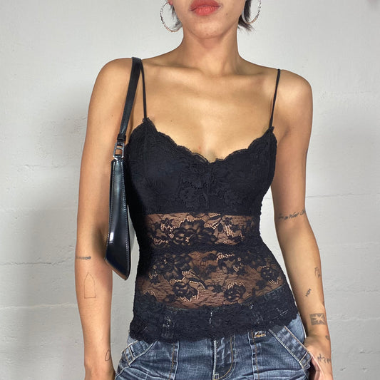 Vintage 2000's Clubwear Black Lace Top with Open Back Detail (S)