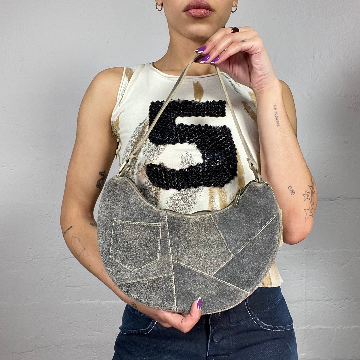 Vintage 2000's Archive Grey Saddle Shoulder Bag with Patched Vintage 2000's Archive Grey Saddle Shoulder Bag with Patched