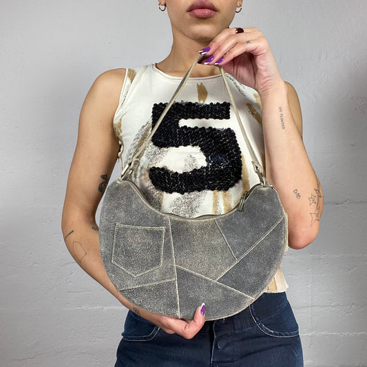 Vintage 2000's Archive Grey Saddle Shoulder Bag with Patched Washed Out Material Detail