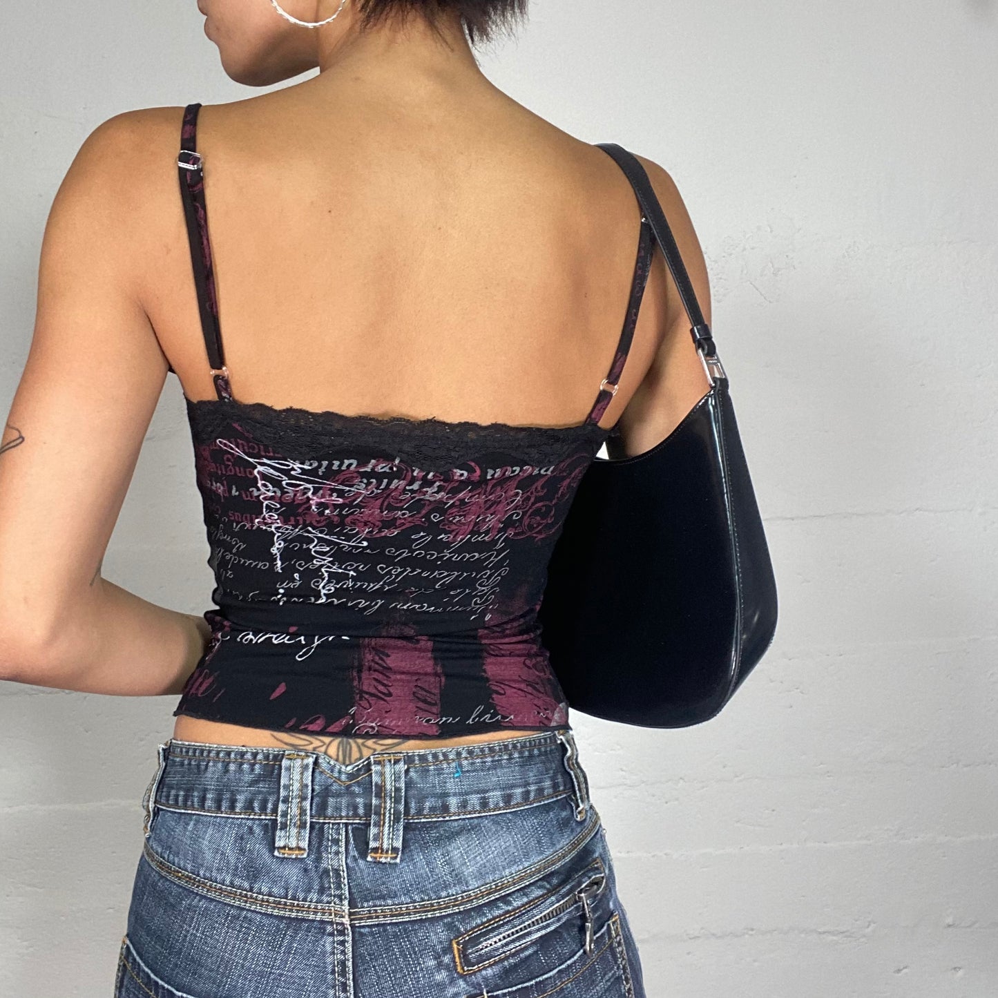 Vintage 2000's Cyber Black Lace Top with Red Typography Print (S)