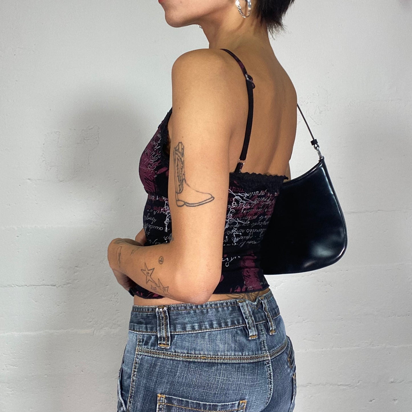 Vintage 2000's Cyber Black Lace Top with Red Typography Print (S)