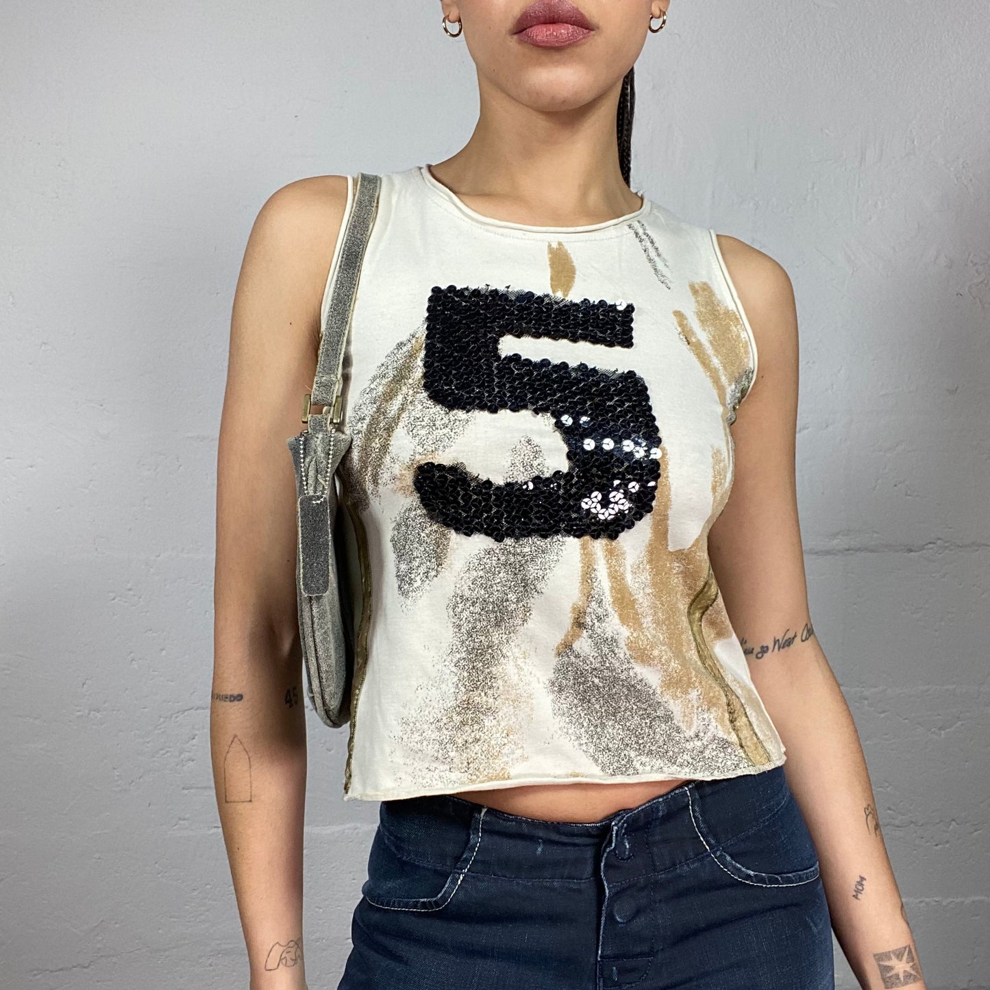 Vintage 2000's Downtown Girl Beige Top with Black Sequins "5" Print (S)