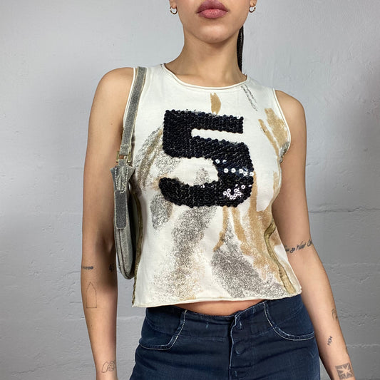 Vintage 2000's Downtown Girl Beige Top with Black Sequins "5" Print (S)
