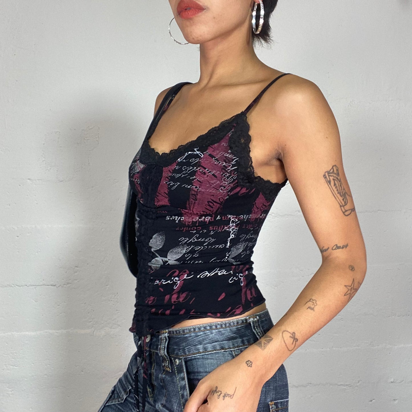 Vintage 2000's Cyber Black Lace Top with Red Typography Print (S)