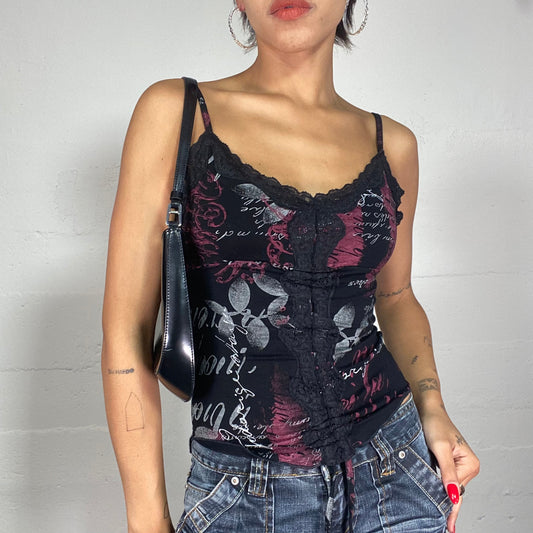 Vintage 2000's Cyber Black Lace Top with Red Typography Print (S)