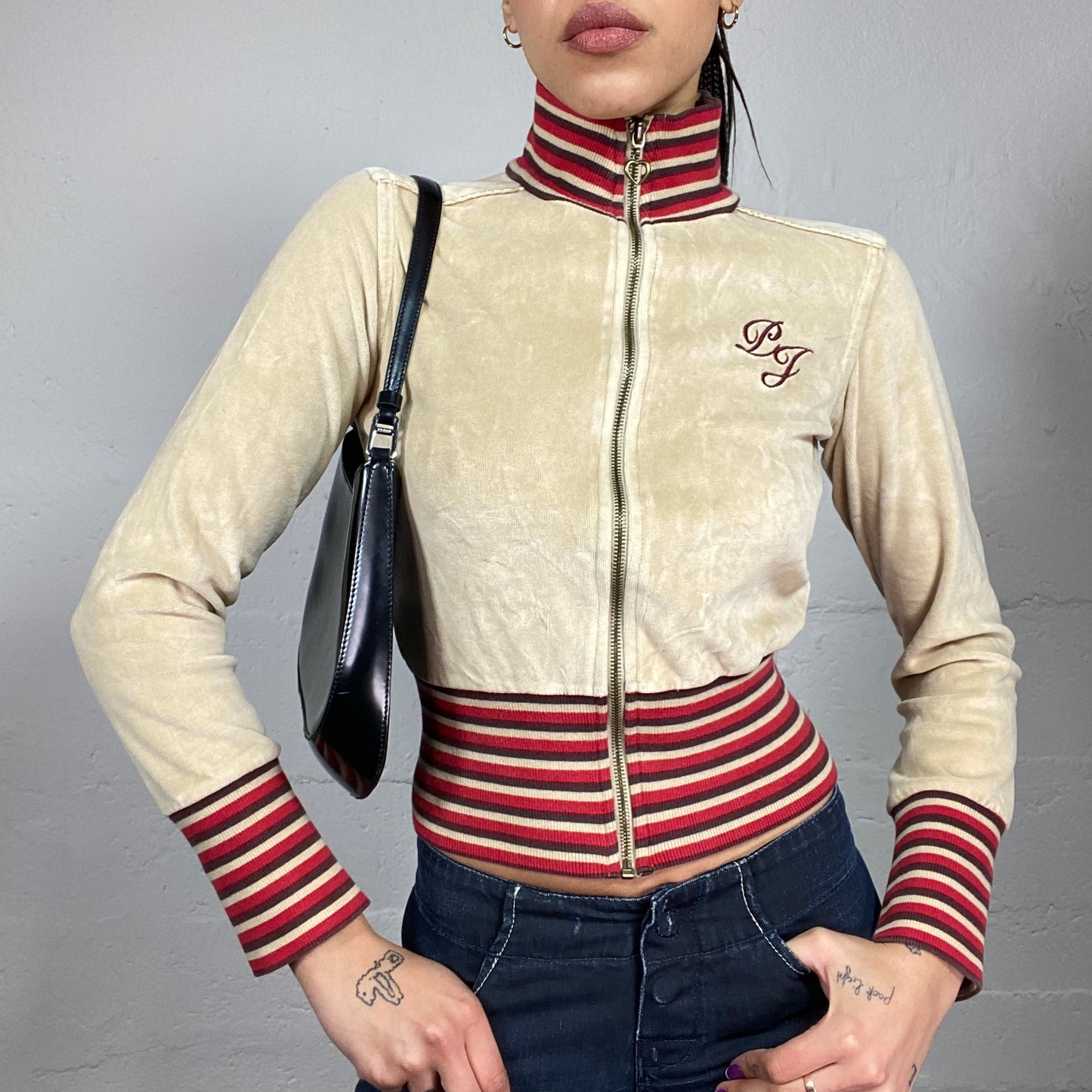 Vintage 2000's Pepe Jeans Sporty Beige Corduroy Zip Up Sweater with Red Stripes Print and Brand Lettering Embroidery Detail (S)