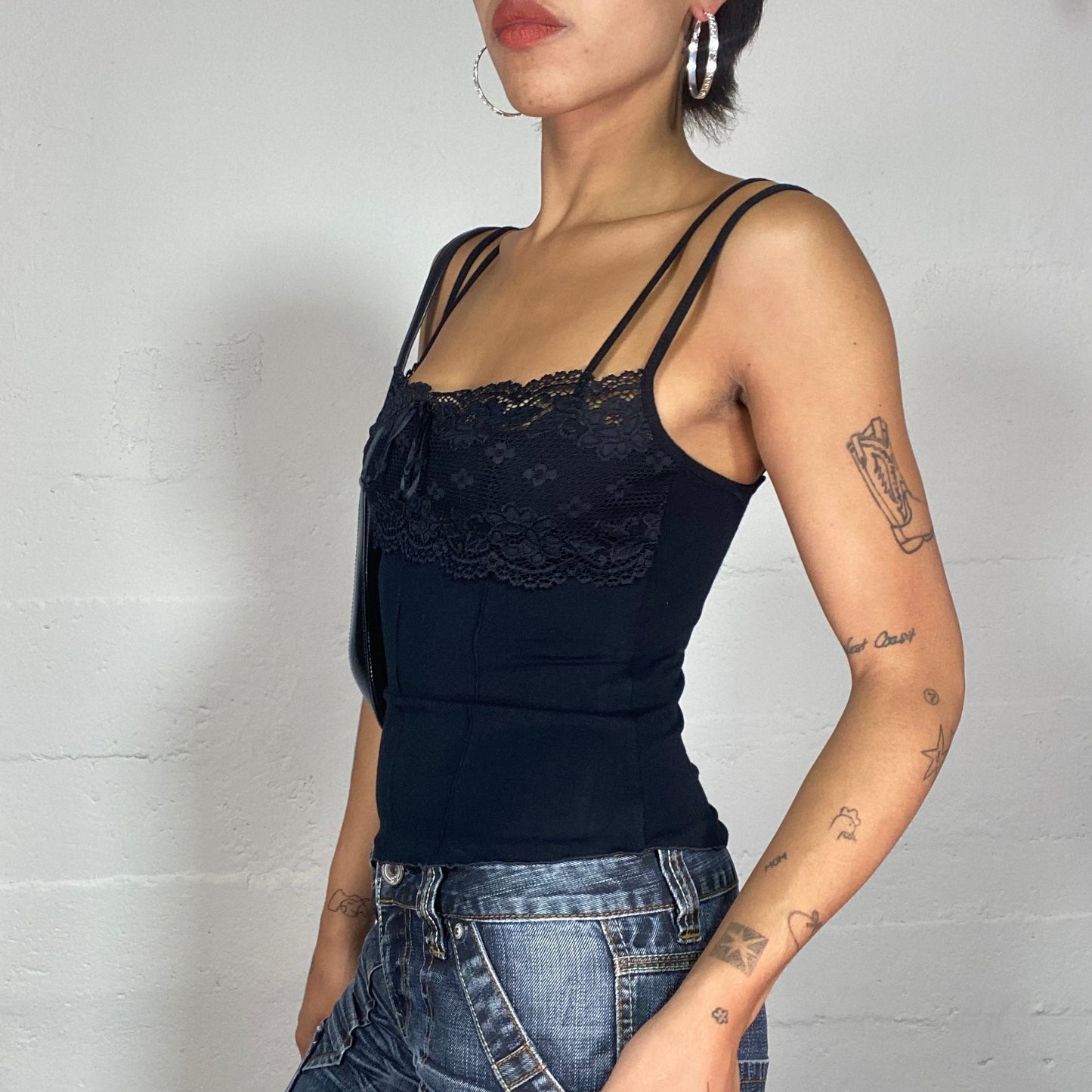 Vintage 2000's Coquette Black Lace Corset Top with Ribbon Detail (S)