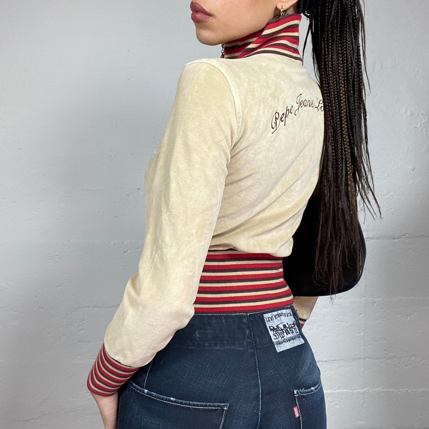 Vintage 2000's Pepe Jeans Sporty Beige Corduroy Zip Up Sweater with Red Stripes Print and Brand Lettering Embroidery Detail (S)