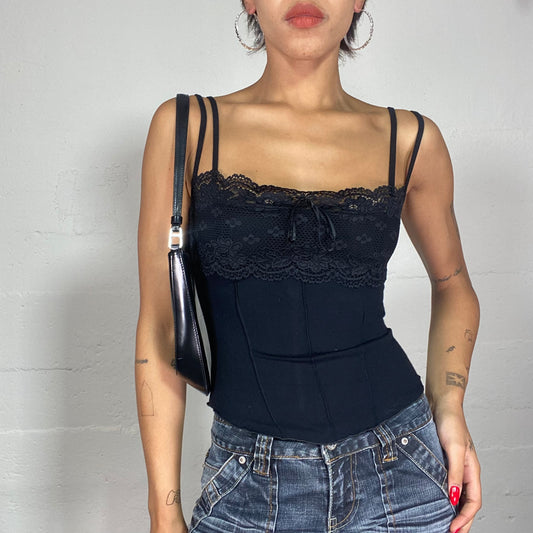 Vintage 2000's Coquette Black Lace Corset Top with Ribbon Detail (S)