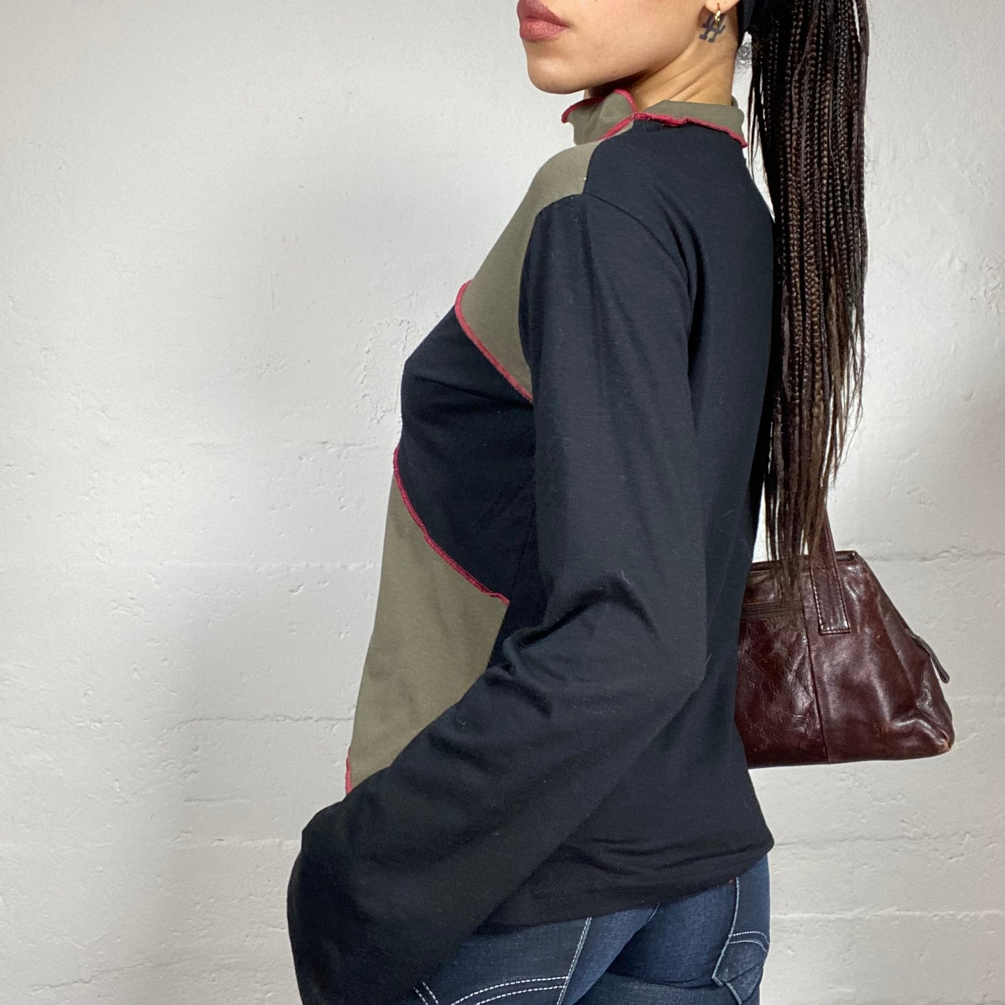 Vintage 90's Archive Black & Khaki Highneck Jumper with Stripes and Orange Seam Detail (L)