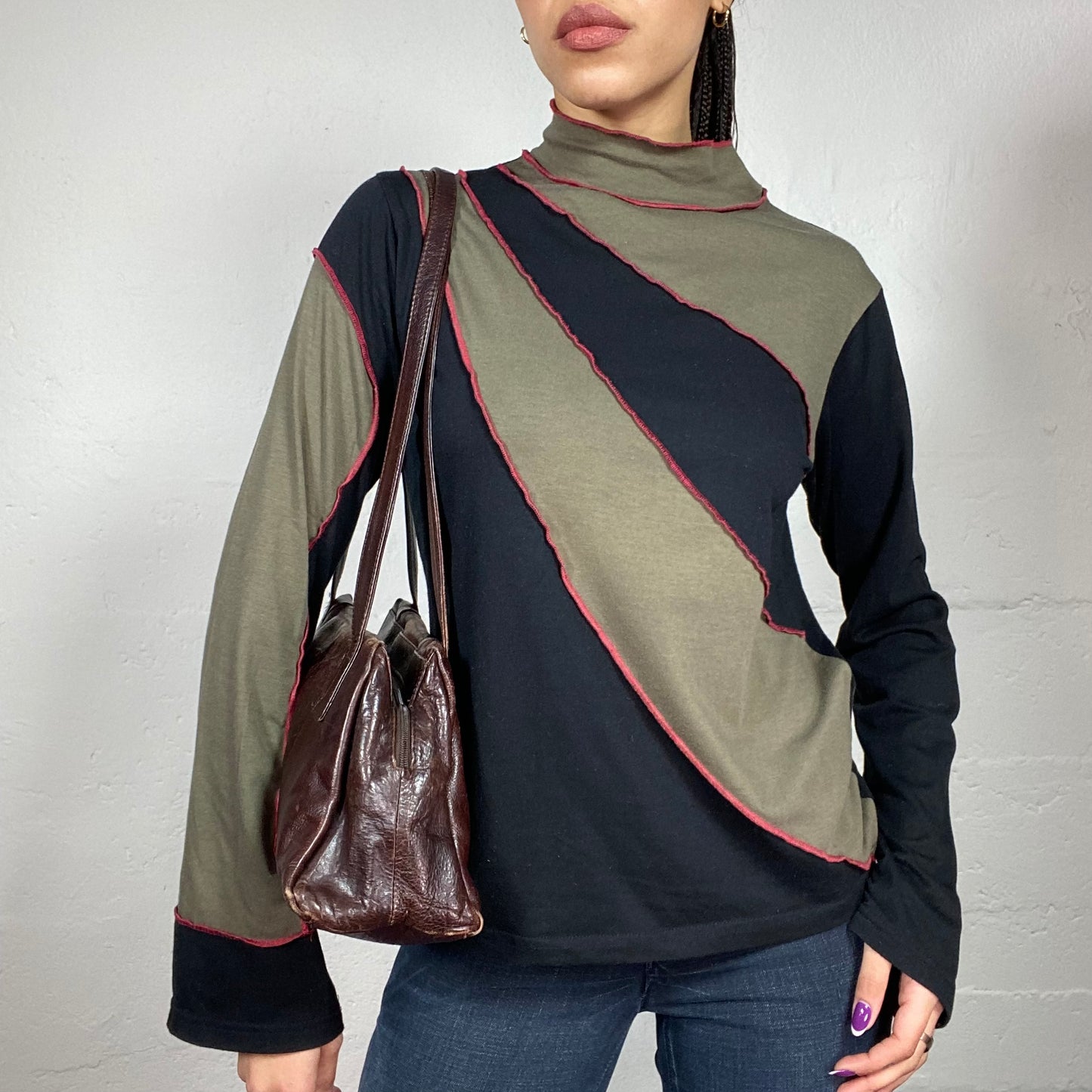 Vintage 90's Archive Black & Khaki Highneck Jumper with Stripes and Orange Seam Detail (L)
