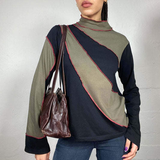 Vintage 90's Archive Black & Khaki Highneck Jumper with Stripes and Orange Seam Detail (L)