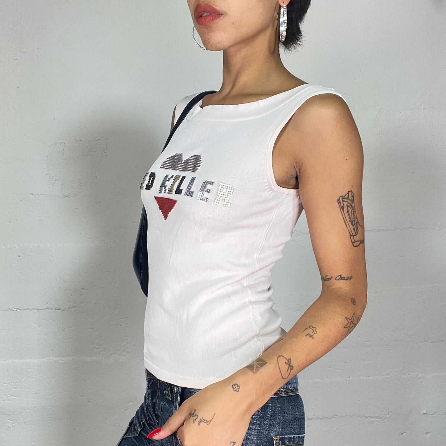 Vintage 2000's Downtown Girl White Top with Pixel "Red Killer" Heart Print (S)