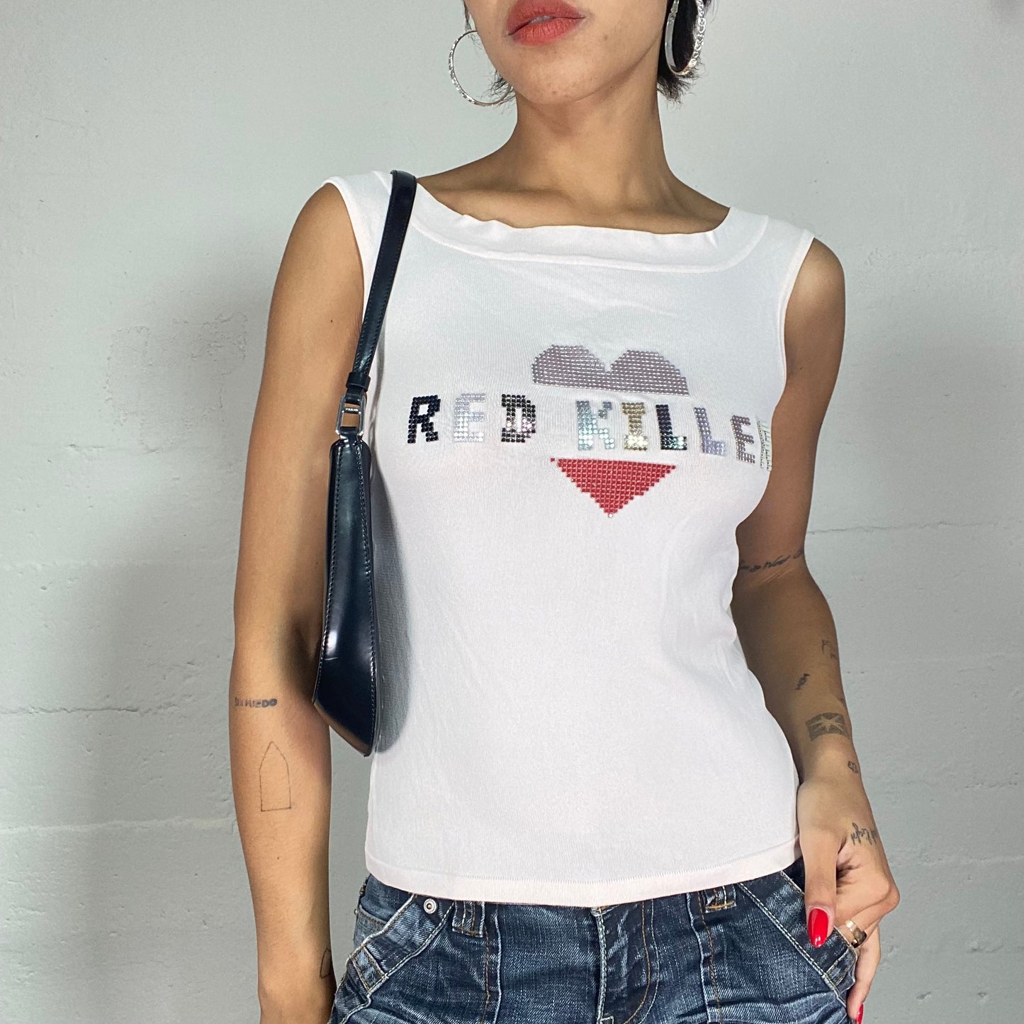 Vintage 2000's Downtown Girl White Top with Pixel "Red Killer" Heart Print (S)