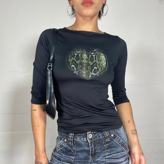 Vintage 2000's Downtown Girl Black 3/4 Sleeve Top with Serpent Heart Print (S)