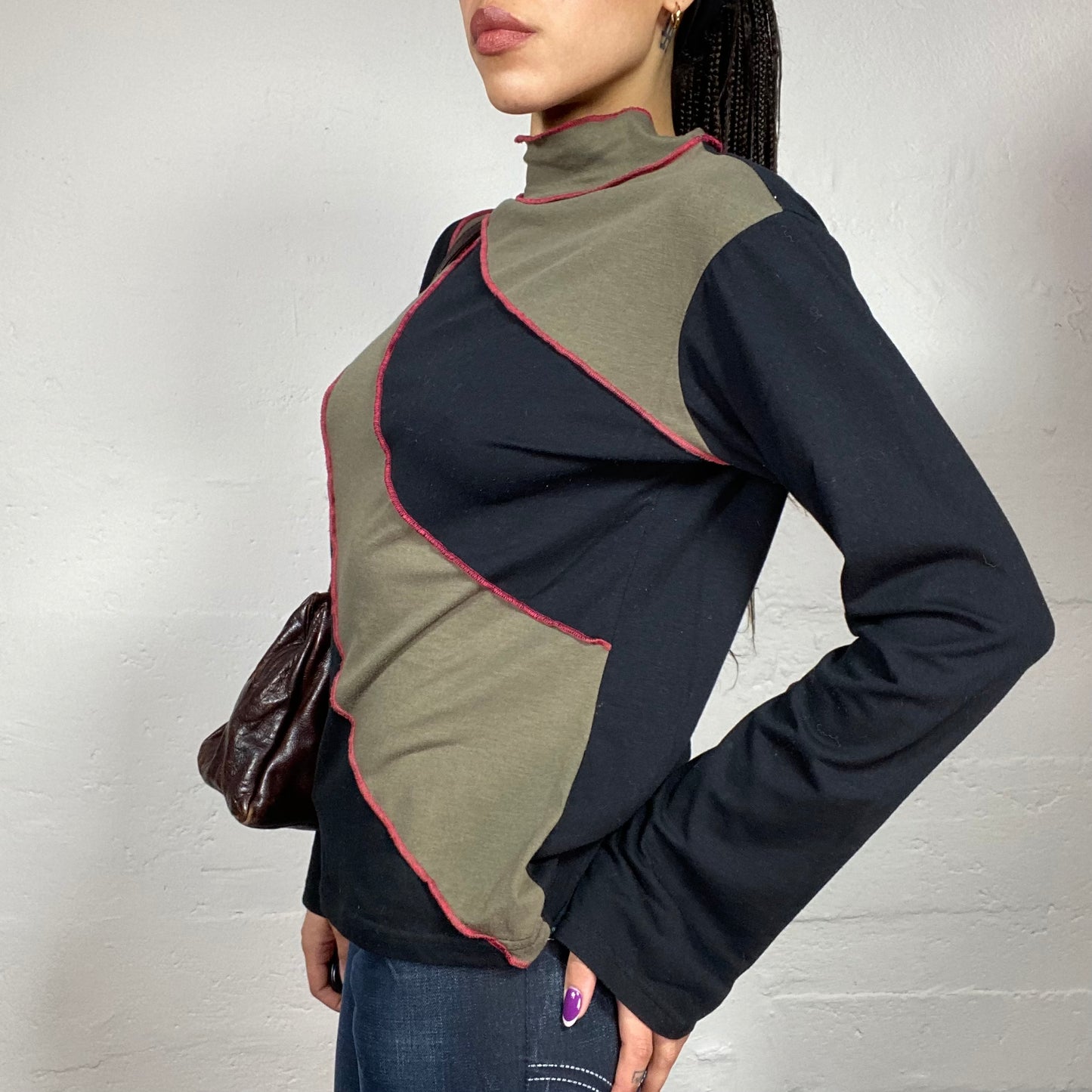 Vintage 90's Archive Black & Khaki Highneck Jumper with Stripes and Orange Seam Detail (L)