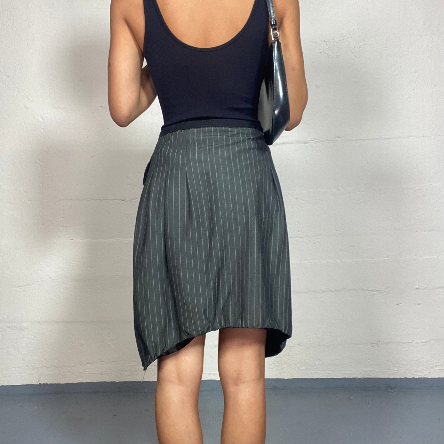 Vintage 90's Office-Girl Dark Grey Asymmetric Mini Skirt with Tie Belt Detail (M)