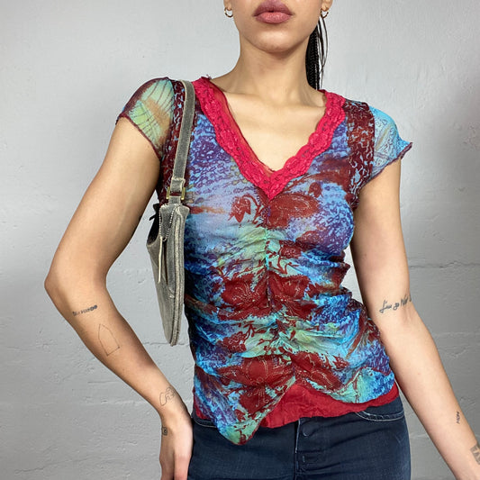 Vintage 2000's Indie Blue Tie Dye Top with Red Lace Trim Detail (S)
