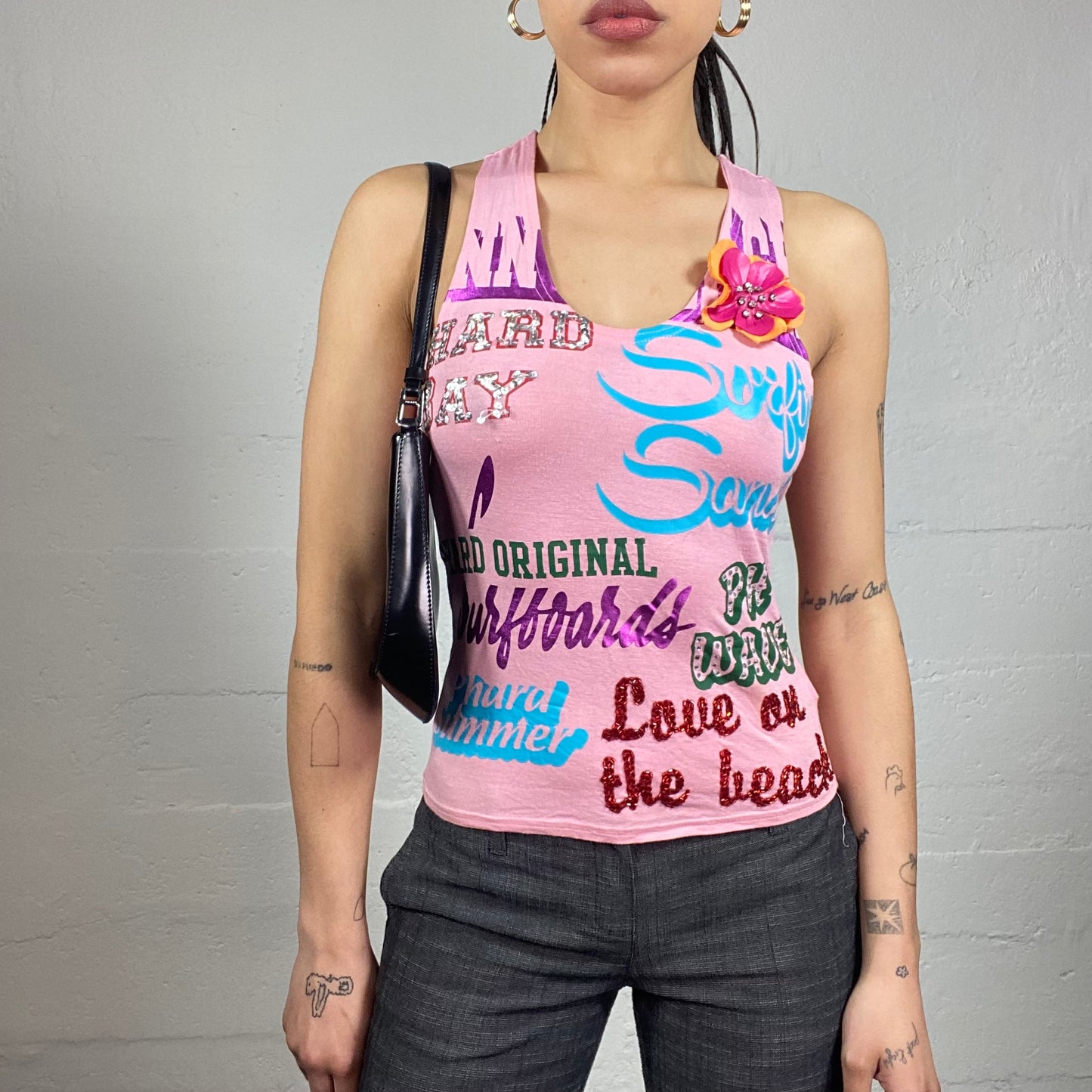 Vintage 90's Funky Pink Top with Sequins Text Print Covering and Hibiscus Attached Detail (S)