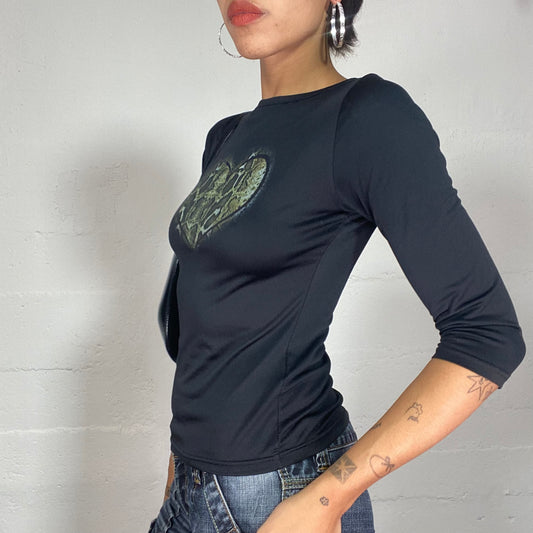Vintage 2000's Downtown Girl Black 3/4 Sleeve Top with Serpent Heart Print (S)