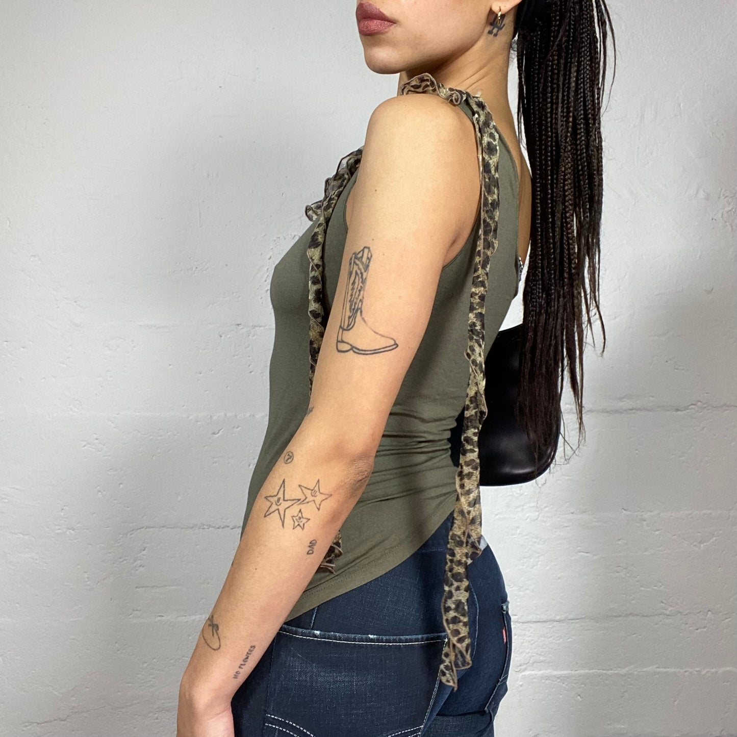 Vintage 2000's Morgan Rave Khaki One Shoulder Top with Cheetah Print Frilled Trim Detail (S)