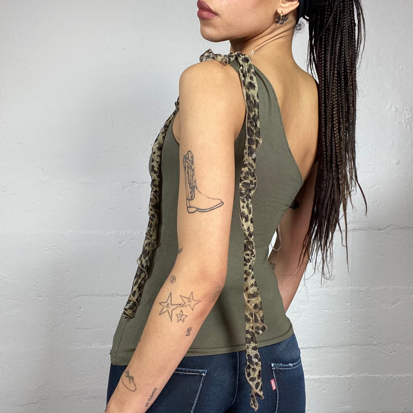 Vintage 2000's Morgan Rave Khaki One Shoulder Top with Cheetah Print Frilled Trim Detail (S)