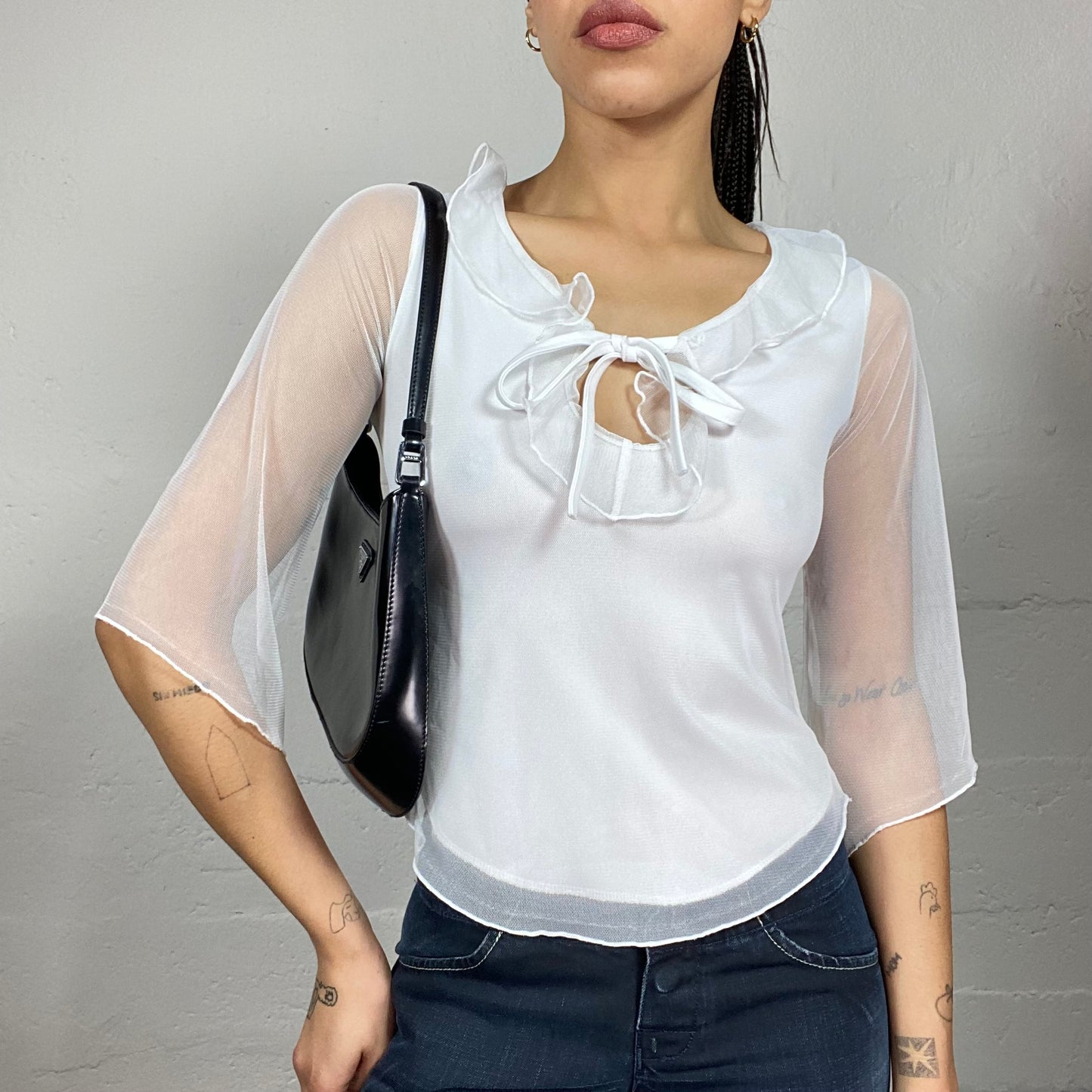 Vintage 2000's Soft Girl White Mesh Angel Longsleeves Top with Frilled Collar Detail (S)