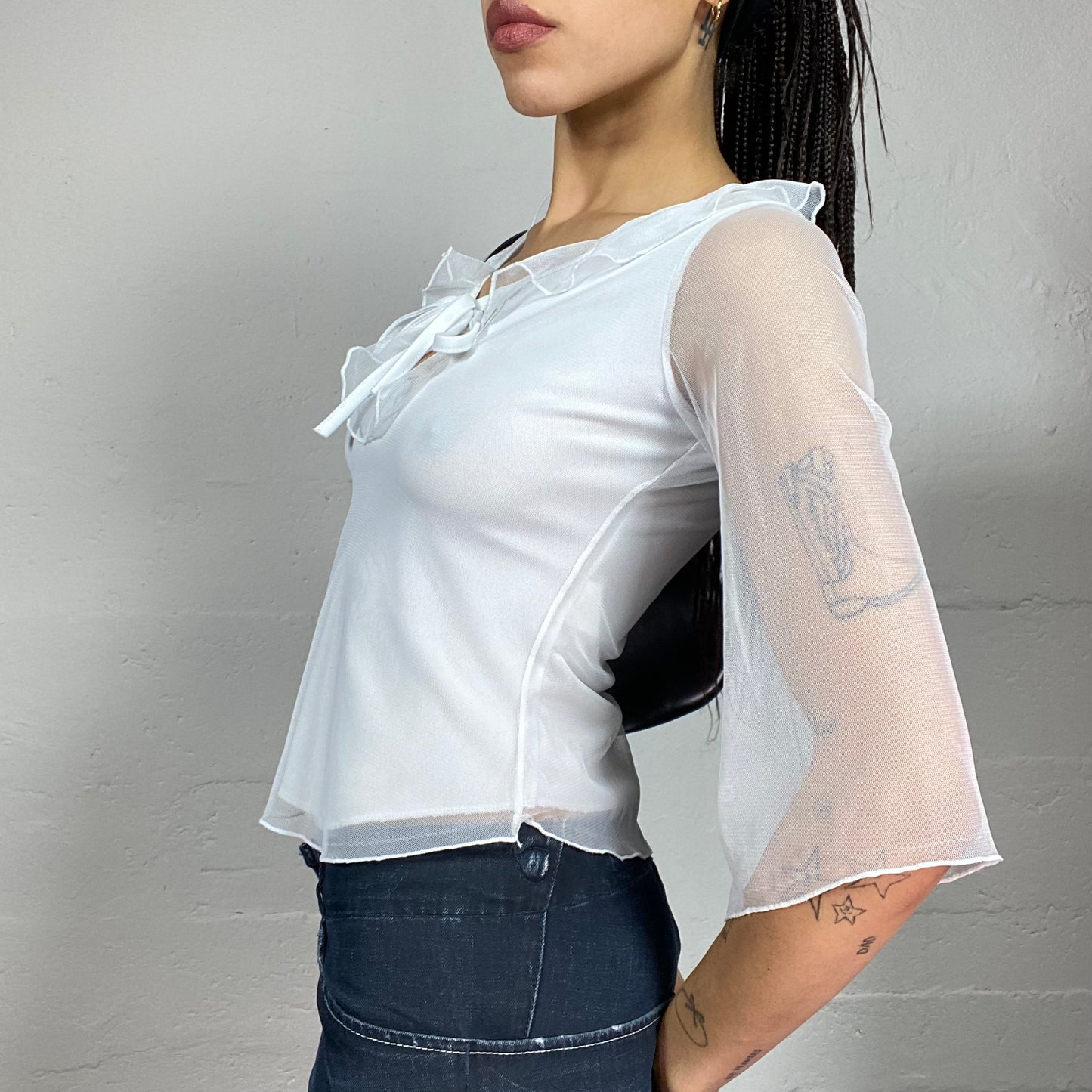 Vintage 2000's Soft Girl White Mesh Angel Longsleeves Top with Frilled Collar Detail (S)